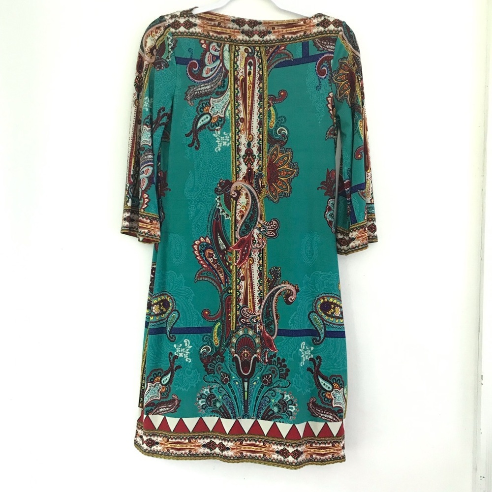 ECI Bold Colorful Teal Paisley Print Shift Dress Sm